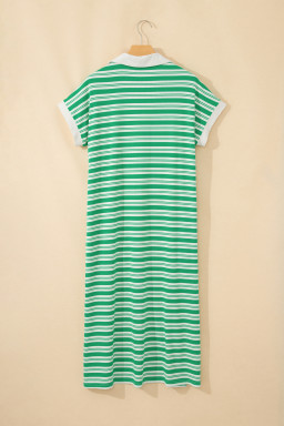 Green Stripe Collared V Neck Short Sleeve T Shirt Midi Dress with Pockets