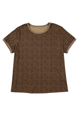 Khaki Plus Size Leopard Print Ribbed Trim Round Neck Tee