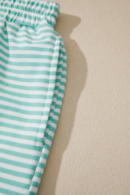 Green Stripe Cuffed Sleeve Contrast Mock Neck Tee Casual 2pcs Short Set