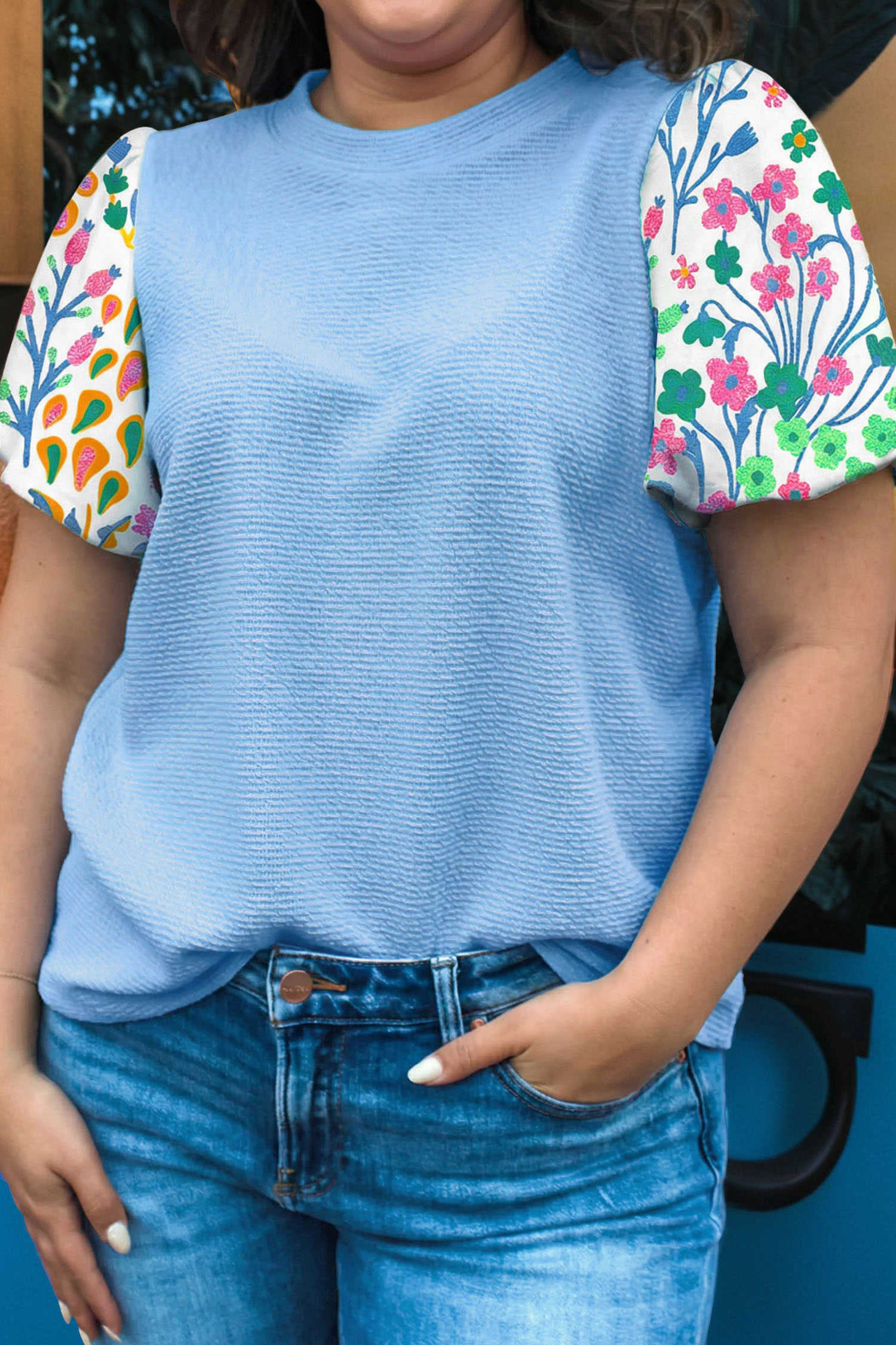 Light Blue Textured Bodice Contrast Floral Sleeve Plus Size Top