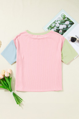 Gossamer Pink Corded Colorblock Crewneck Tee