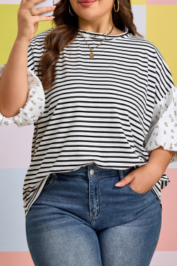 Black Stripe Plus Size Striped Short Sleeve Top with Floral Puff Sleeves
