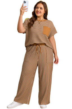 Khaki Stripe Plus Size Striped Colorblock Pocket Lounge Set