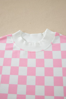 Pink Checkered Print Color Block Trim Mock Neck Short Set
