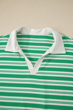 Green Stripe Collared V Neck Short Sleeve T Shirt Midi Dress with Pockets