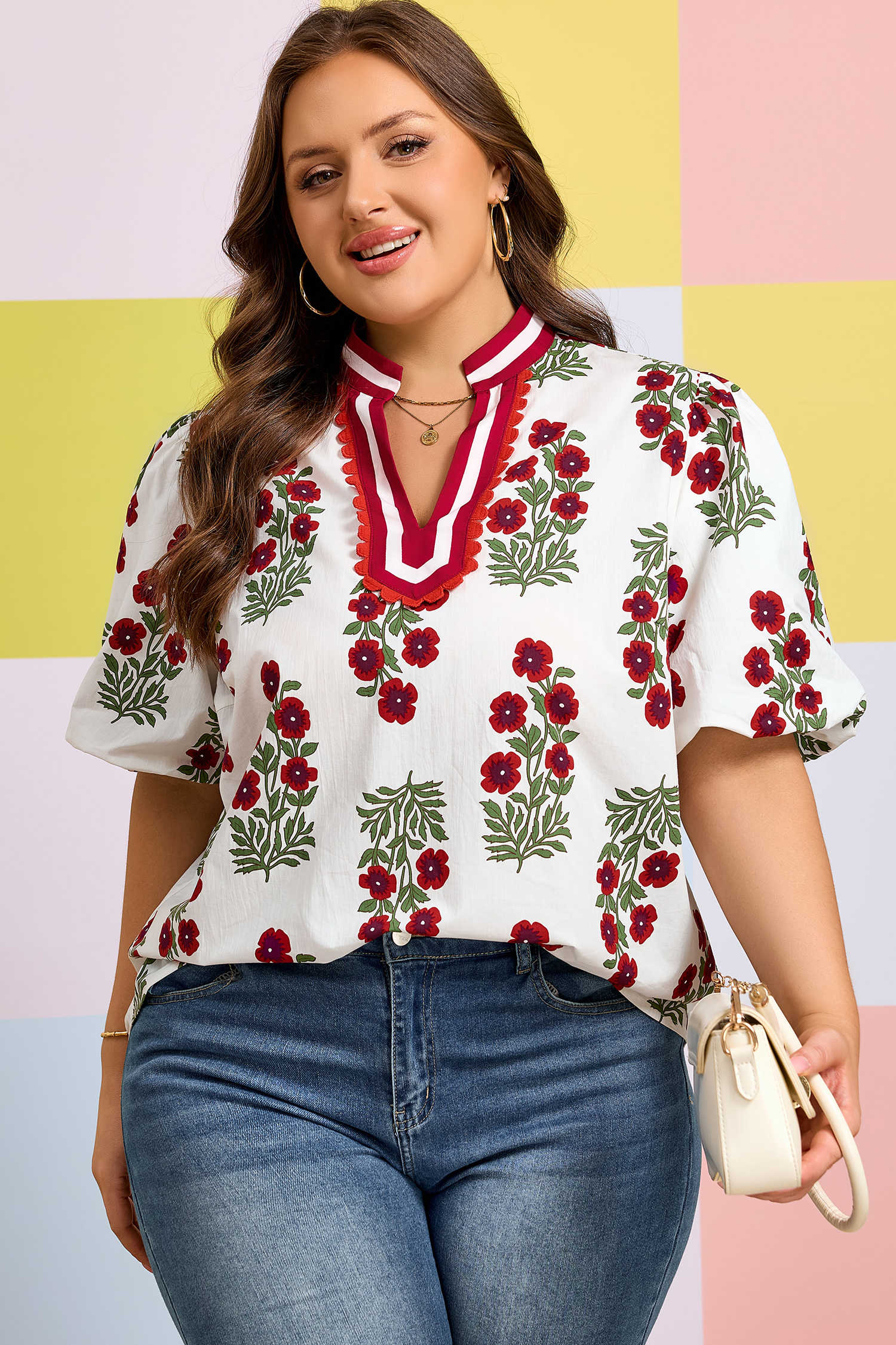 White Plus Size Floral Print Ricrac Striped Trim Short Sleeve Cotton Blouse