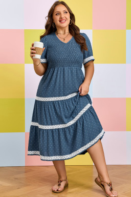 Dusk Blue Plus Size V Neck Swiss Dot Lace Patchwork Detail Flared Midi Dress