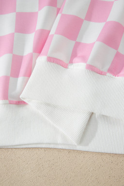 Pink Checkered Print Color Block Trim Mock Neck Short Set