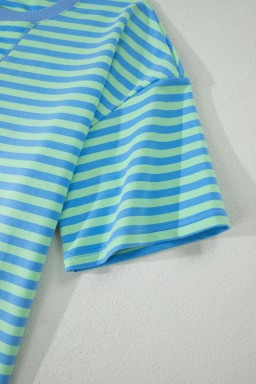 Green Stripe Striped Ribbed Cotton Two-Piece Pant Set with Chest Patch Detail