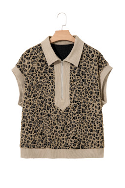 Beige Ribbed Patchwork Collar Cuffed Sleeve Leopard Plus Top