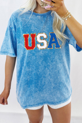 Blue USA Chenille Patch Graphic Retro Washed Cotton T Shirt