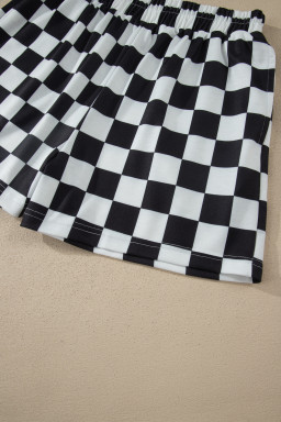 Black Checkered Print Color Block Trim Mock Neck Short Set