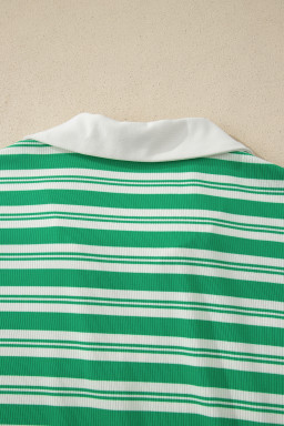 Green Stripe Collared V Neck Short Sleeve T Shirt Midi Dress with Pockets