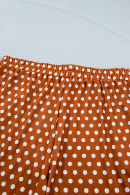 Brown Polka Dot Print Dropped Shoulder Tee Plus Size Short Set