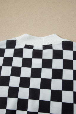 Black Checkered Print Color Block Trim Mock Neck Short Set