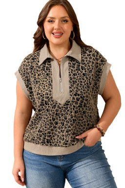 Beige Ribbed Patchwork Collar Cuffed Sleeve Leopard Plus Top