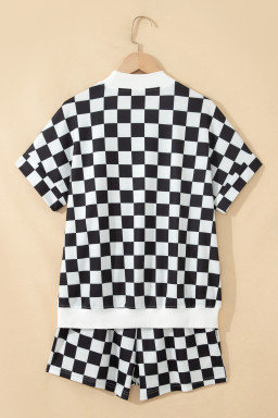 Black Checkered Print Color Block Trim Mock Neck Short Set