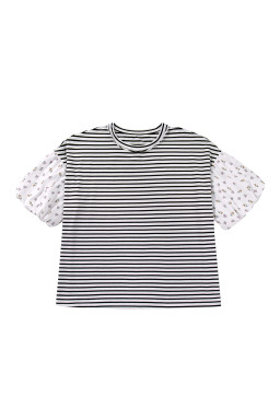 Black Stripe Plus Size Striped Short Sleeve Top with Floral Puff Sleeves