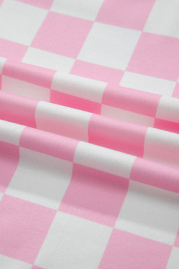 Pink Checkered Print Color Block Trim Mock Neck Short Set