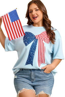 Beau Blue Plus Size Patriotic Bow Patchwork Graphic T-Shirt