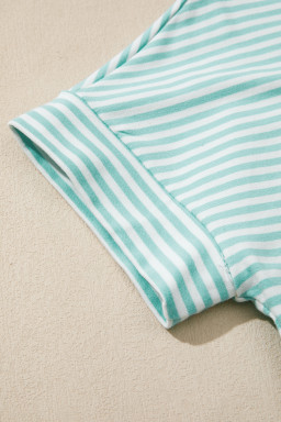 Green Stripe Cuffed Sleeve Contrast Mock Neck Tee Casual 2pcs Short Set