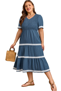 Dusk Blue Plus Size V Neck Swiss Dot Lace Patchwork Detail Flared Midi Dress