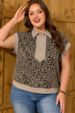 Beige Ribbed Patchwork Collar Cuffed Sleeve Leopard Plus Top