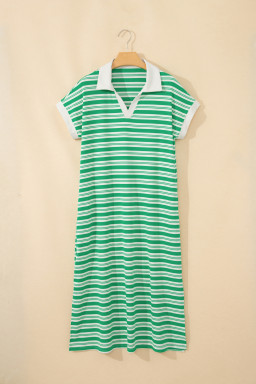 Green Stripe Collared V Neck Short Sleeve T Shirt Midi Dress with Pockets