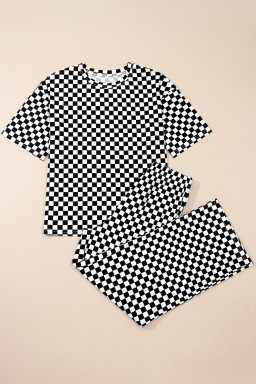 Black Checkered Print Half Sleeve Tee 2pcs Lounge Pant Set