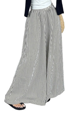 Black Stripe Elastic Waist Ultra Wide Leg Pants