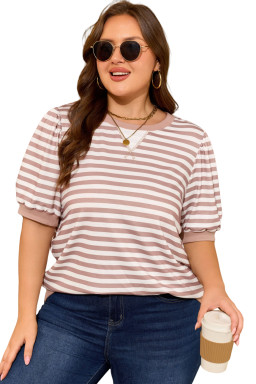 Orange Stripe Ribbed Trim Round Neck Short Puff Sleeve Plus T Shirt