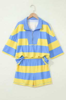 Yellow Stripe Half Zipper Placket Bracelet Sleeve Top Casual Shorts Set