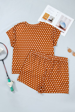 Brown Polka Dot Print Dropped Shoulder Tee Plus Size Short Set