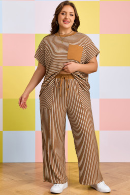 Khaki Stripe Plus Size Striped Colorblock Pocket Lounge Set