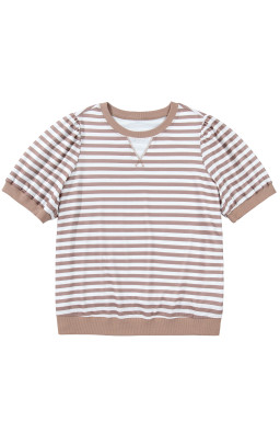 Orange Stripe Ribbed Trim Round Neck Short Puff Sleeve Plus T Shirt