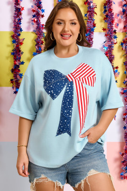 Beau Blue Plus Size Patriotic Bow Patchwork Graphic T-Shirt