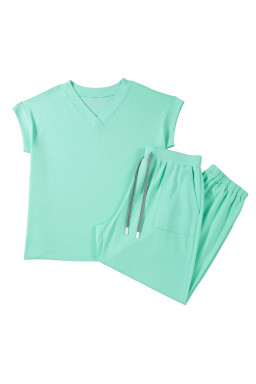 Mint Green Solid V-Neck Tee and Drawstring Plus Size Pants Set