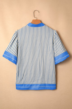 Sky Blue Stripe Color Block Detail V Neck Short Sleeve Blouse
