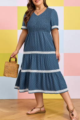 Dusk Blue Plus Size V Neck Swiss Dot Lace Patchwork Detail Flared Midi Dress