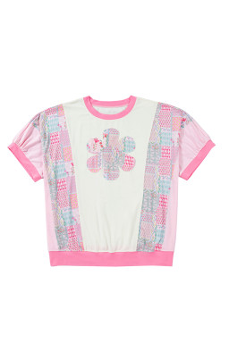 Beige Plus Size Floral Patchwork Short Sleeve Patch Embroidery Cotton T Shirt