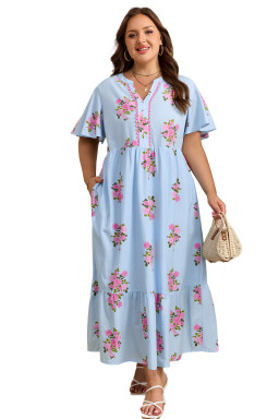 Sky Blue Plus Size Floral Print Scalloped Trim V-Neck Dress