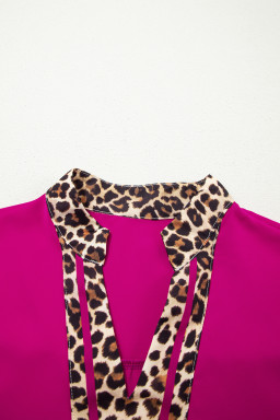 Violet Leopard Patchwork Trim Split Neck Short Sleeve Blouse