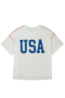 White Plus Size Twisted Rib Vintage USA Letter Printed T Shirt