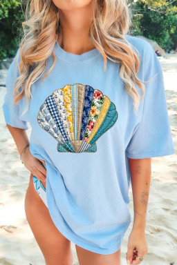 Light Blue Faux Patchwork Seashell Printed Casual T Shirt