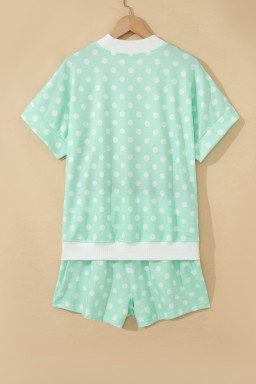 Green Polka Dot Print Color Block Trim Mock Neck Short Set