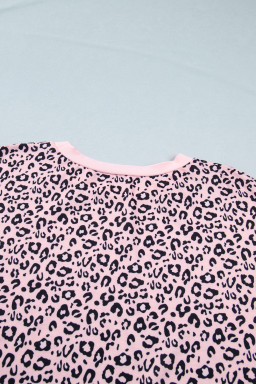 Pink Leopard Striped Contrast Patchwork Plus Size Tee