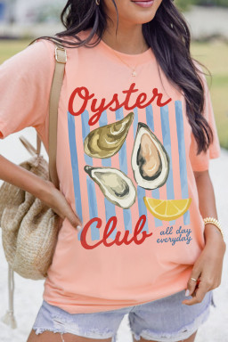 Pink Oyster Club Striped Print Casual Tee