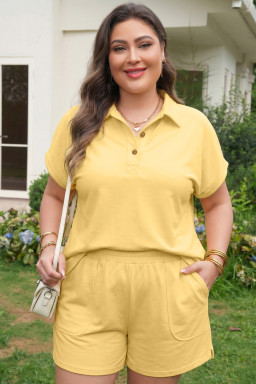 Yellow Cream Solid Color Polo Tee Elastic Waist Shorts Plus Size Outfit