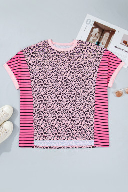 Pink Leopard Striped Contrast Patchwork Plus Size Tee