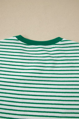 Green Stripe Crew Neck Tee Drawstring Waist Cropped Pants Set